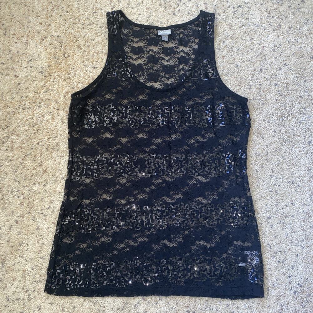 Lace Tank Top Women's Size XL Black Floral Lace With Black Sequence Sleeveless